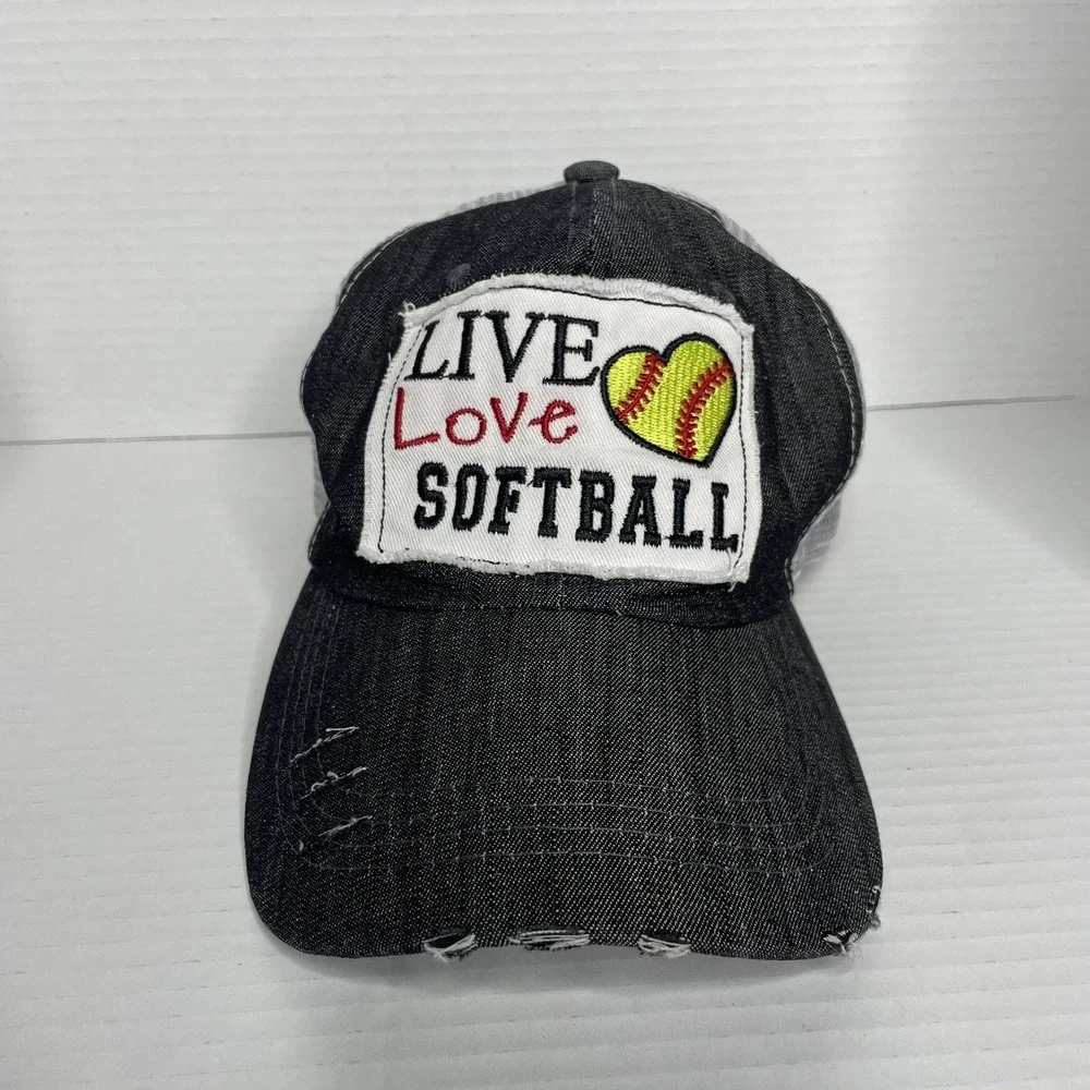 Women's Softball Mom Hat- Ball Cap‎ 'Live Love Softball' Gray/Mesh, Adjustable
